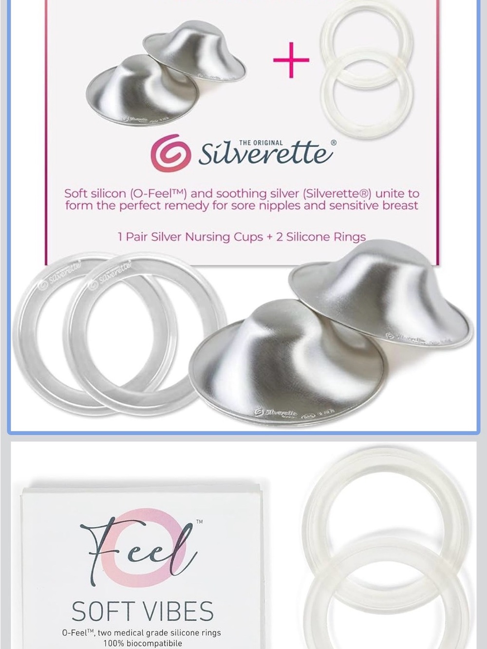Silverette Silver Nursing Cups with Silicone Rings - Silver & Clear